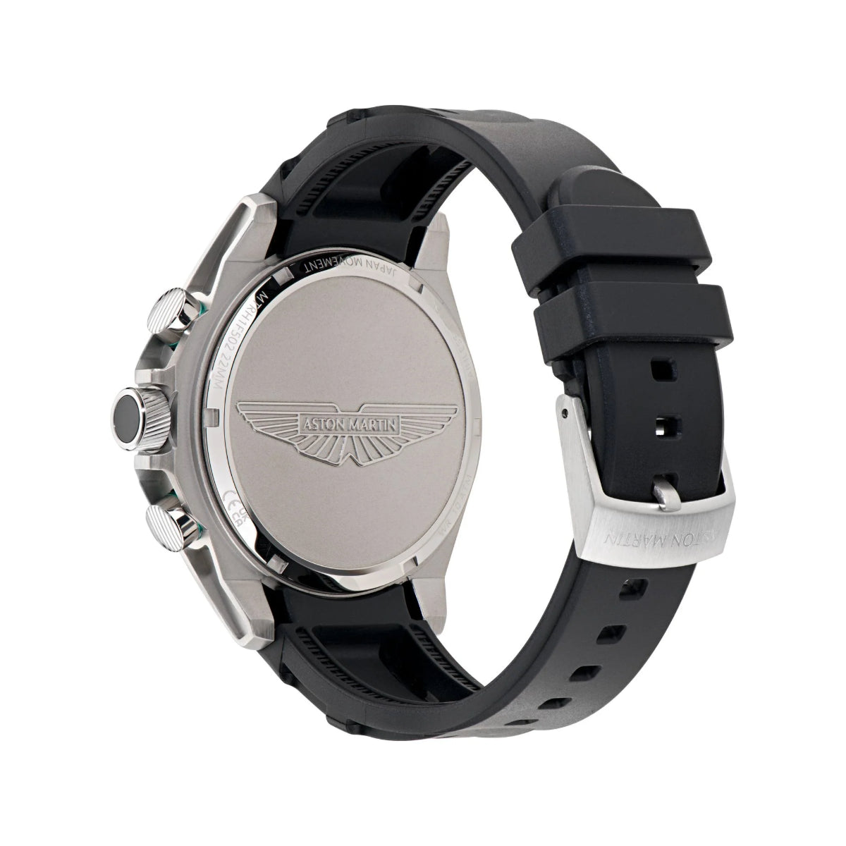 Watch with black strap and silver case on a white background
