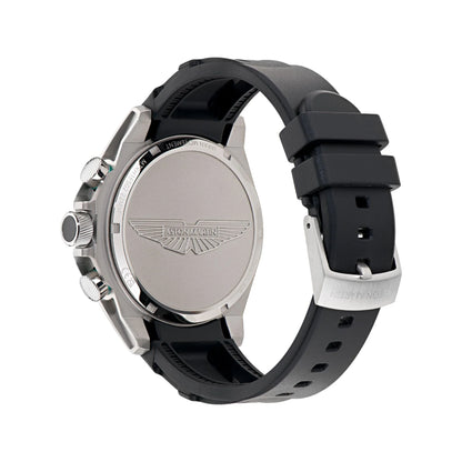 Watch with black strap and silver case on a white background