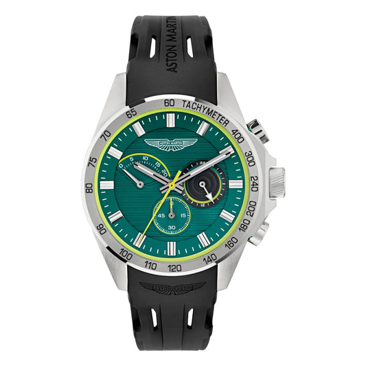 Aston Martin watch with green face and black strap on a white background