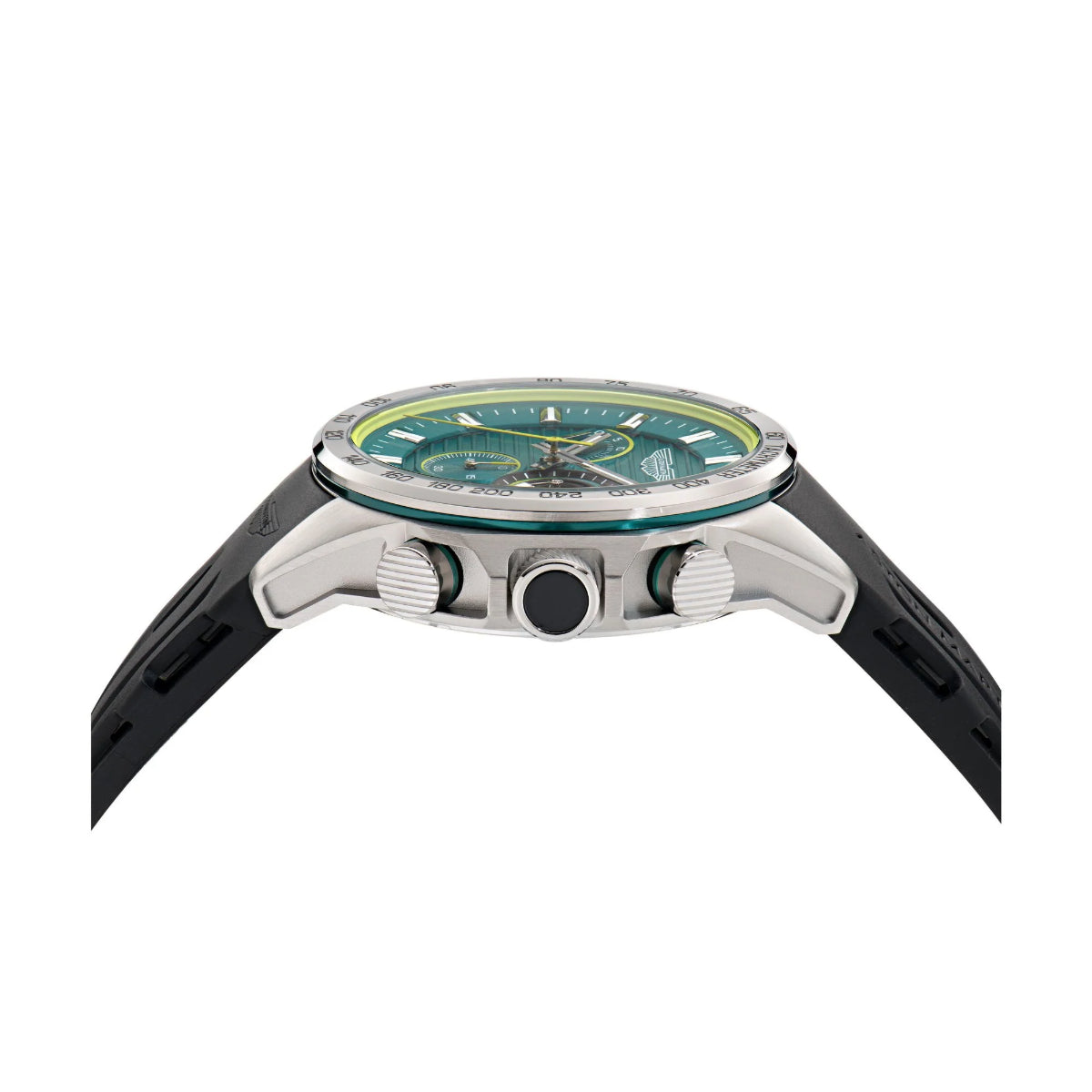 Watch with a green face and black strap on a white background