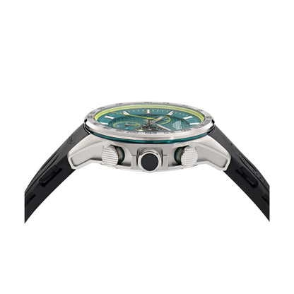 Watch with a green face and black strap on a white background