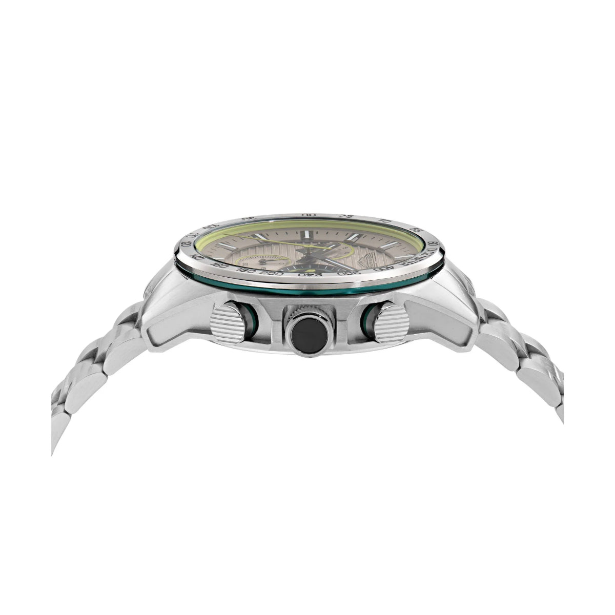 Silver watch with detailed face on a white background