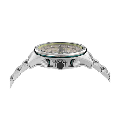 Silver watch with detailed face on a white background