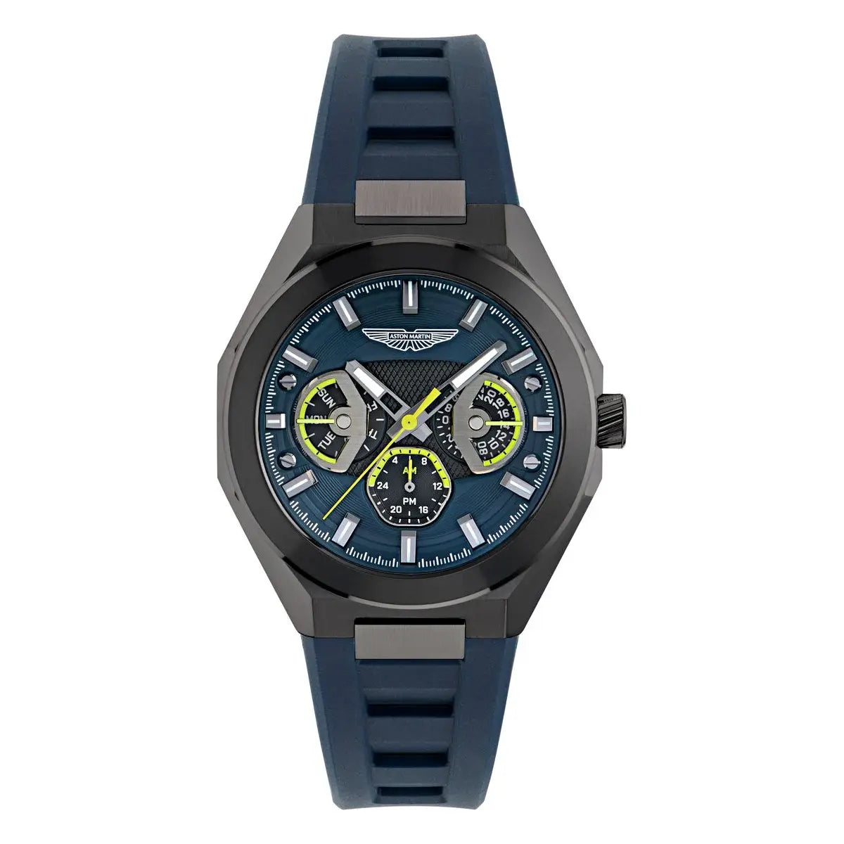 Wristwatch with blue strap and detailed face on a white background