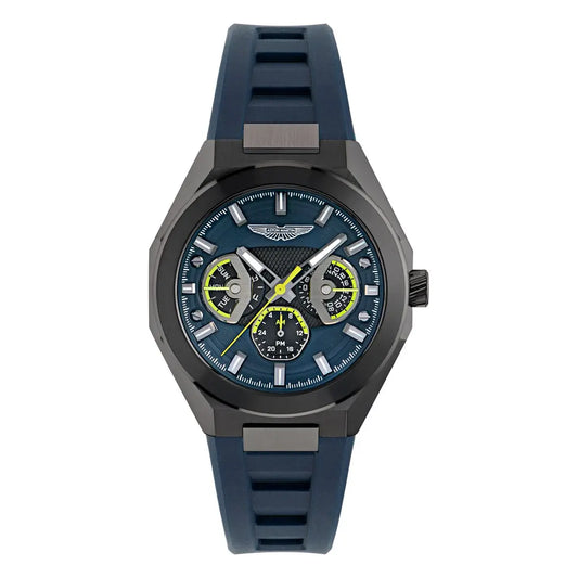 Wristwatch with blue strap and detailed face on a white background