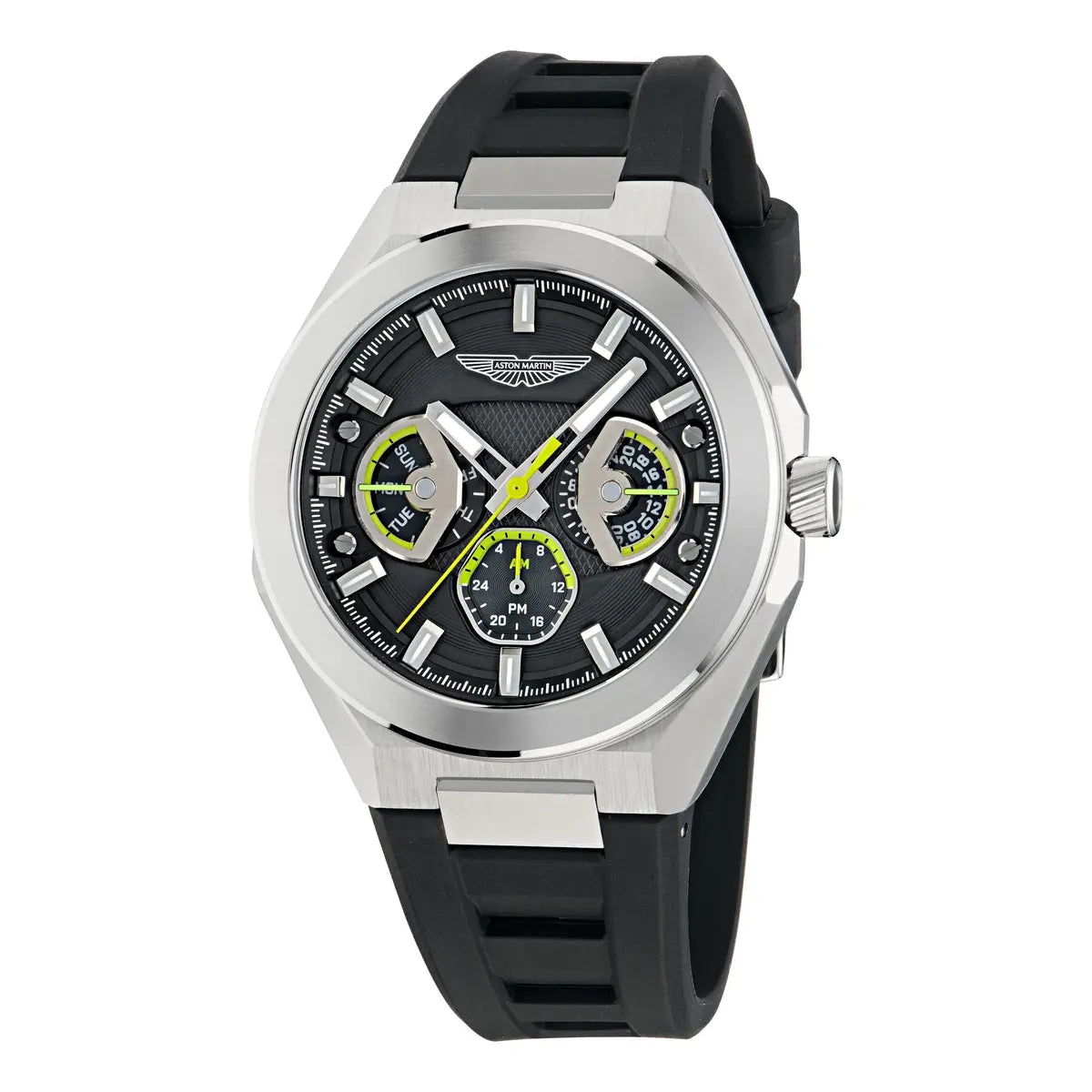 Watch with black strap and silver case on a white background