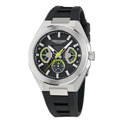 Watch with black strap and silver case on a white background