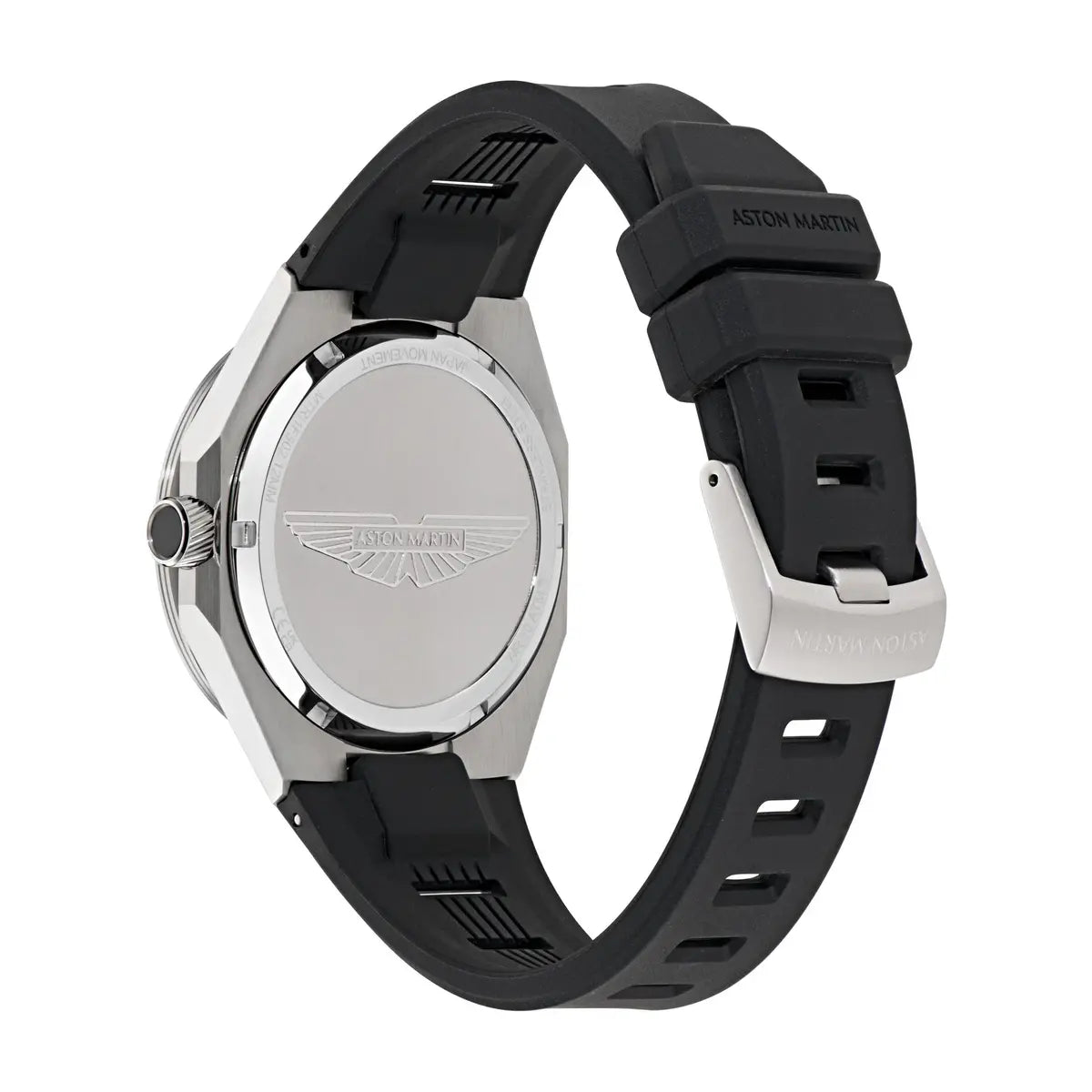 Watch with black strap and silver case on a white background