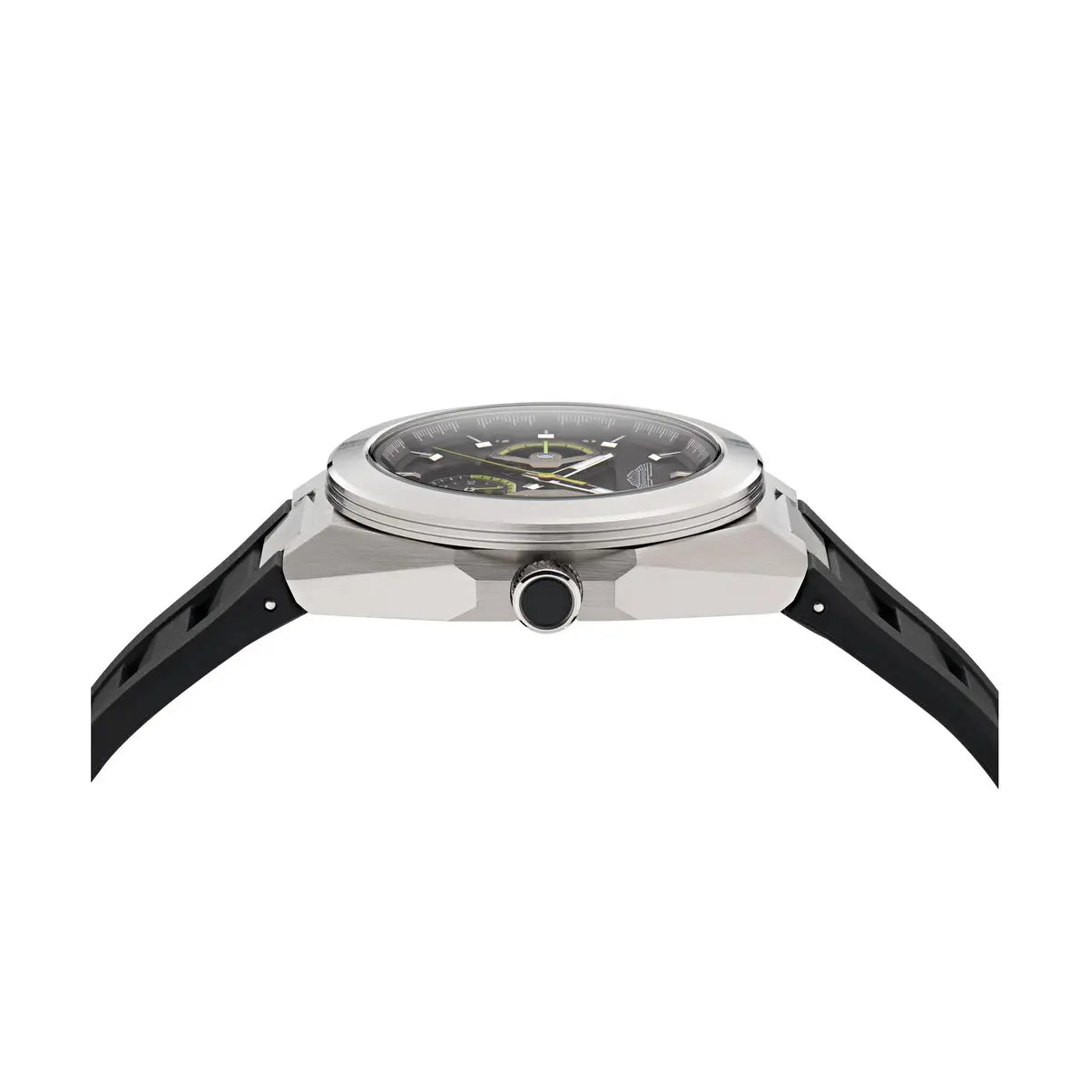 Watch with black strap and silver case on a white background