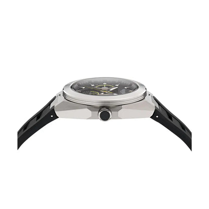 Watch with black strap and silver case on a white background