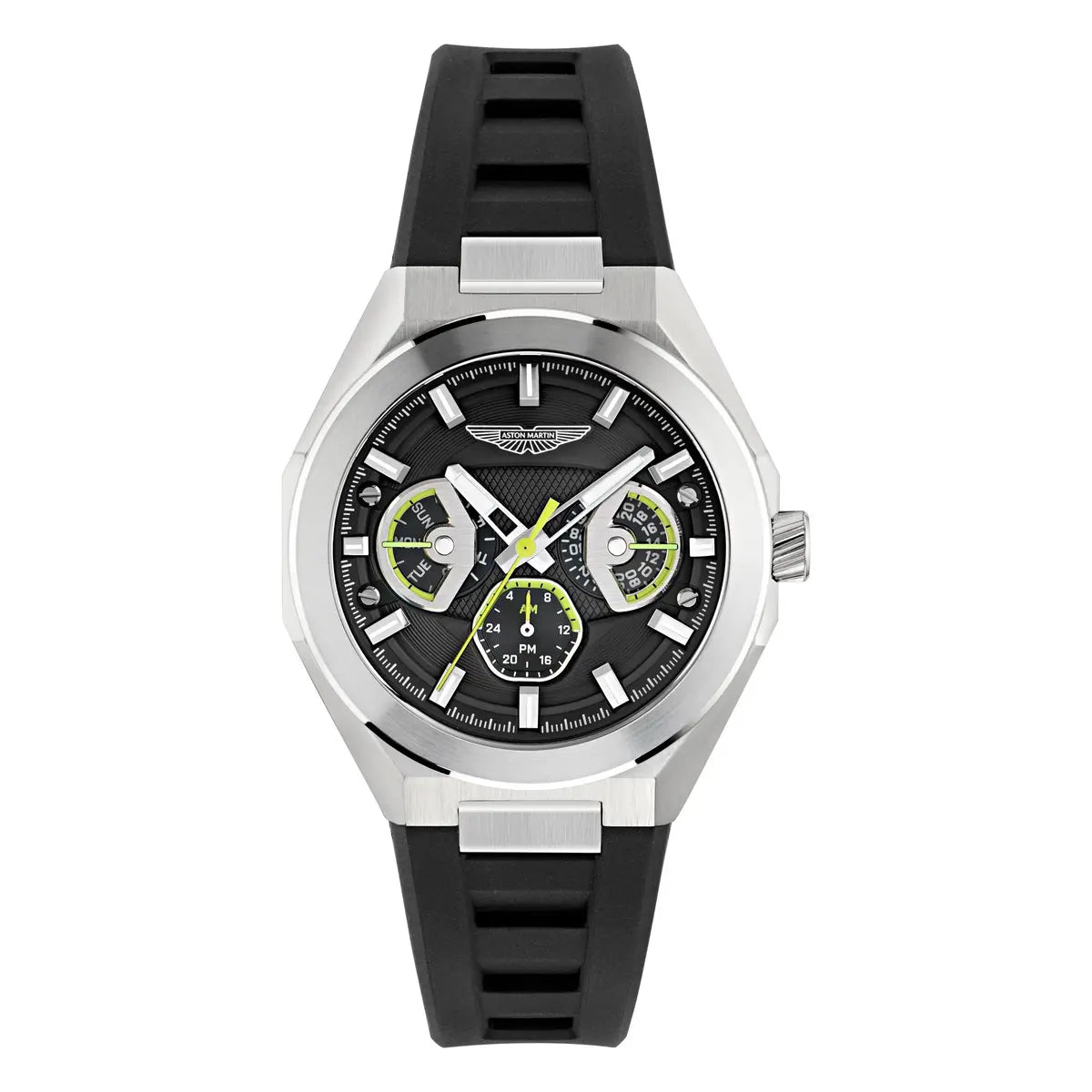 Wristwatch with black strap and silver case on a white background