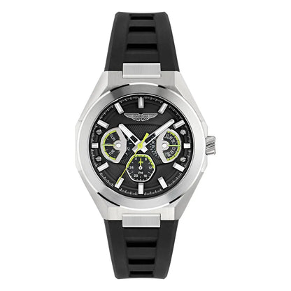 Wristwatch with black strap and silver case on a white background