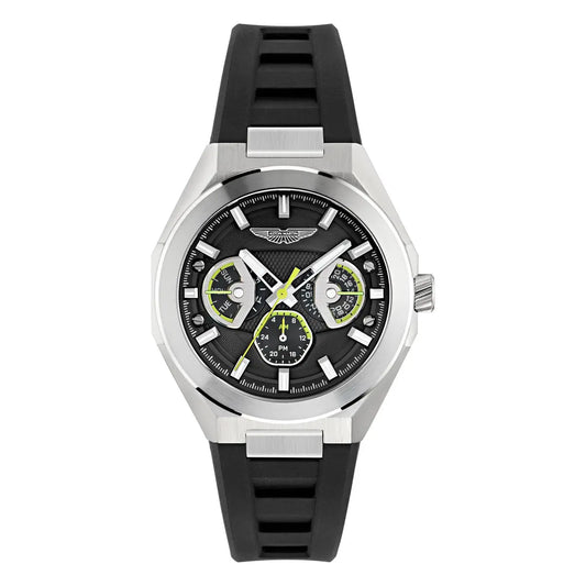 Wristwatch with black strap and silver case on a white background