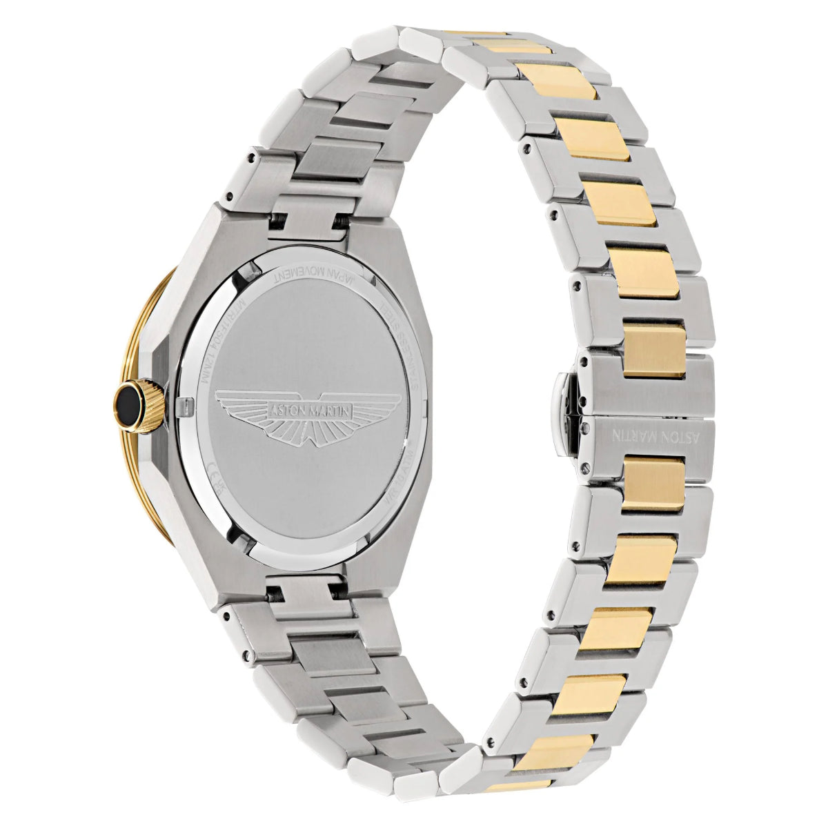 Two-tone silver and gold watch strap on a white background