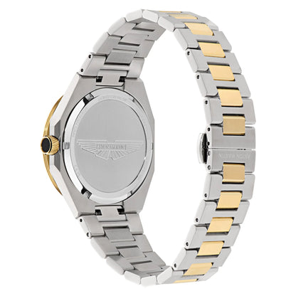 Two-tone silver and gold watch strap on a white background