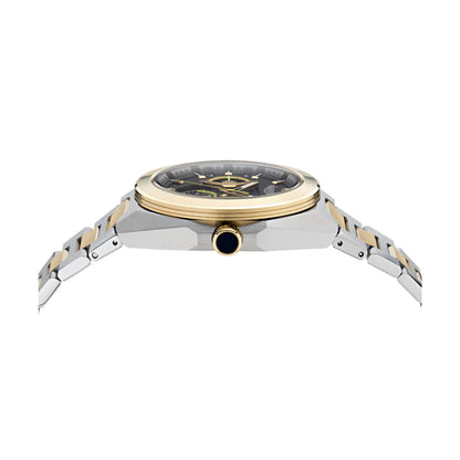 Watch with a gold and silver band on a white background