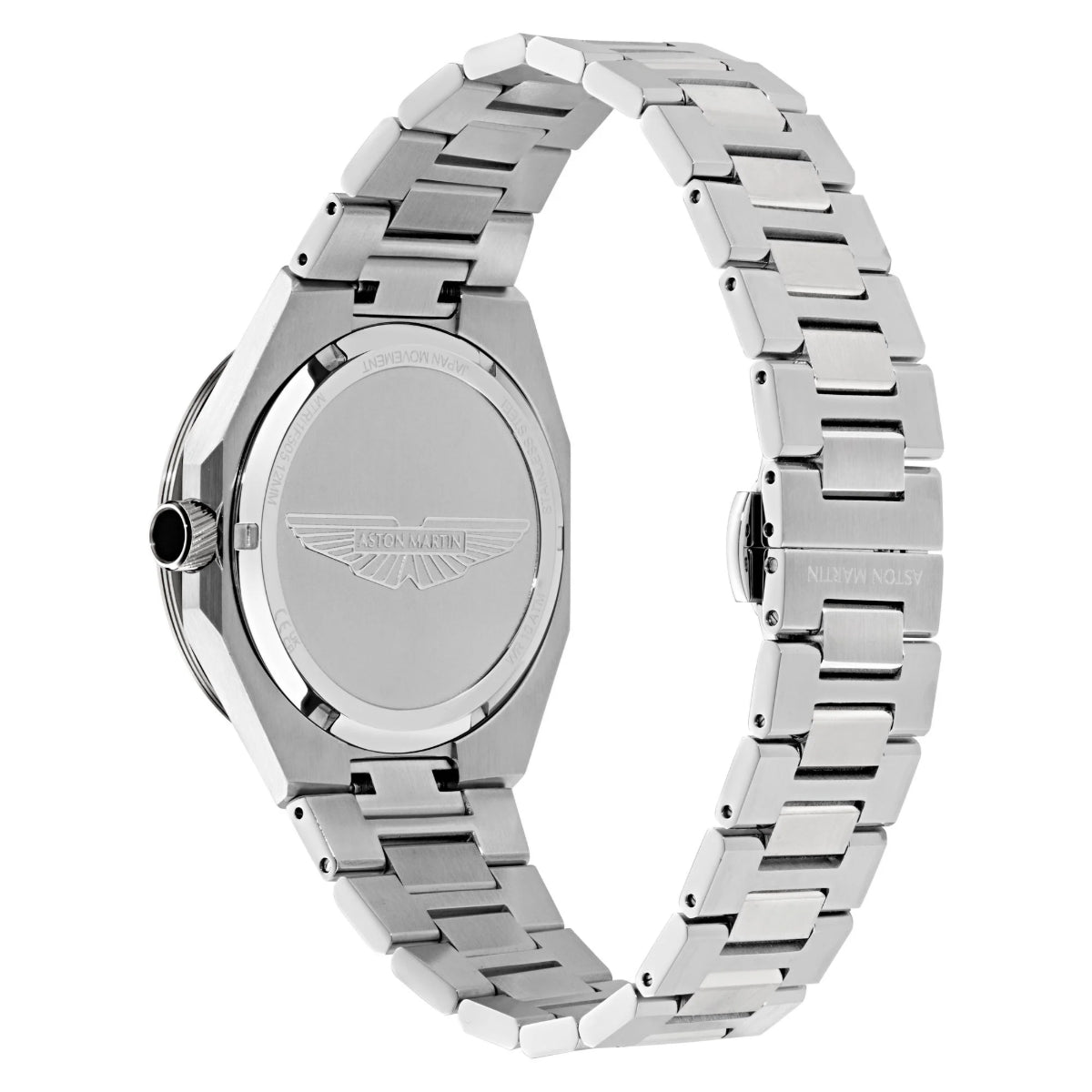 Silver watch with a detailed band on a white background