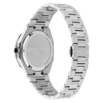 Silver watch with a detailed band on a white background