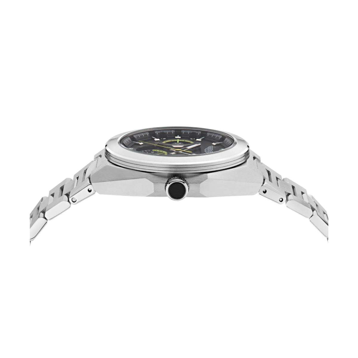 Silver watch with a black face on a white background