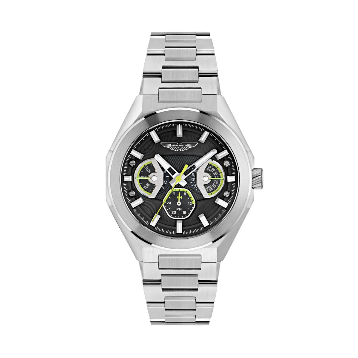 Silver watch with black dial on a white background