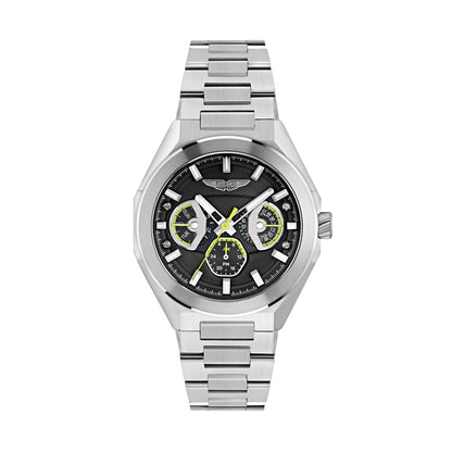 Silver watch with black dial on a white background
