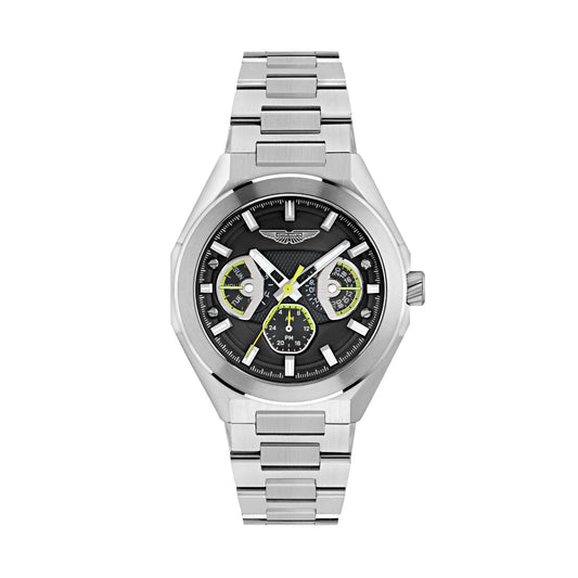 Silver watch with black dial on a white background