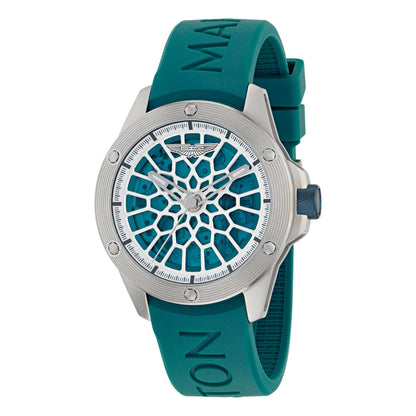 Teal watch with a unique face design on a white background