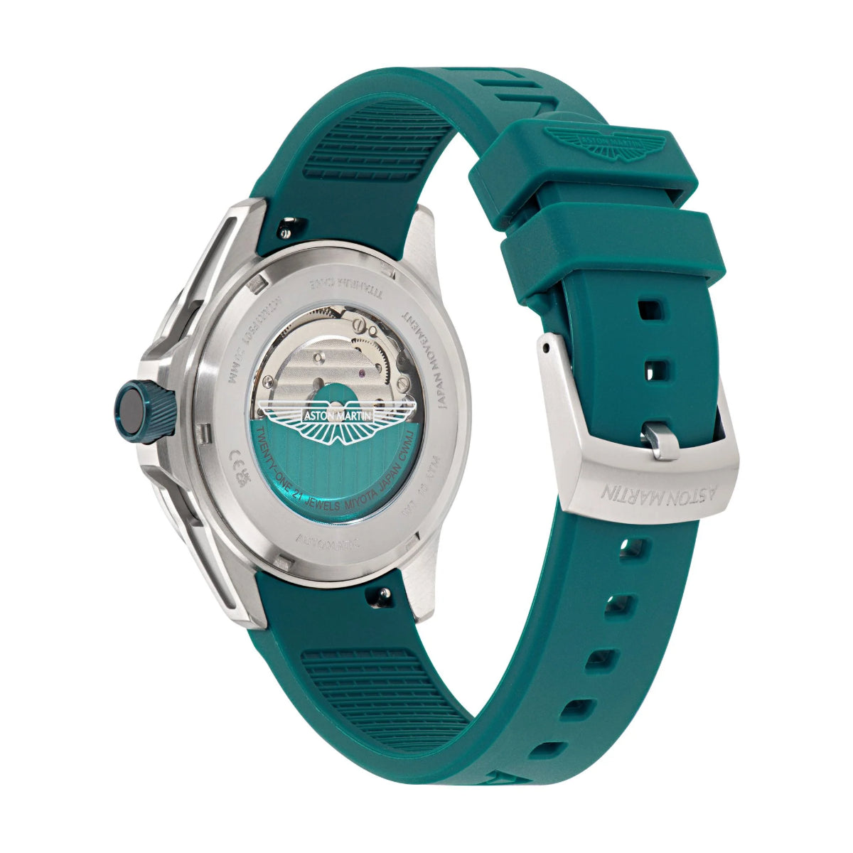 Teal watch with silver case on a white background