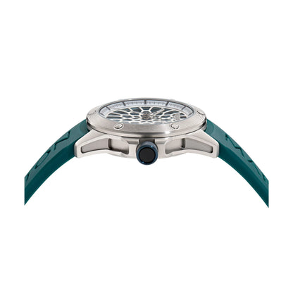 Watch with a blue strap and silver case on a white background