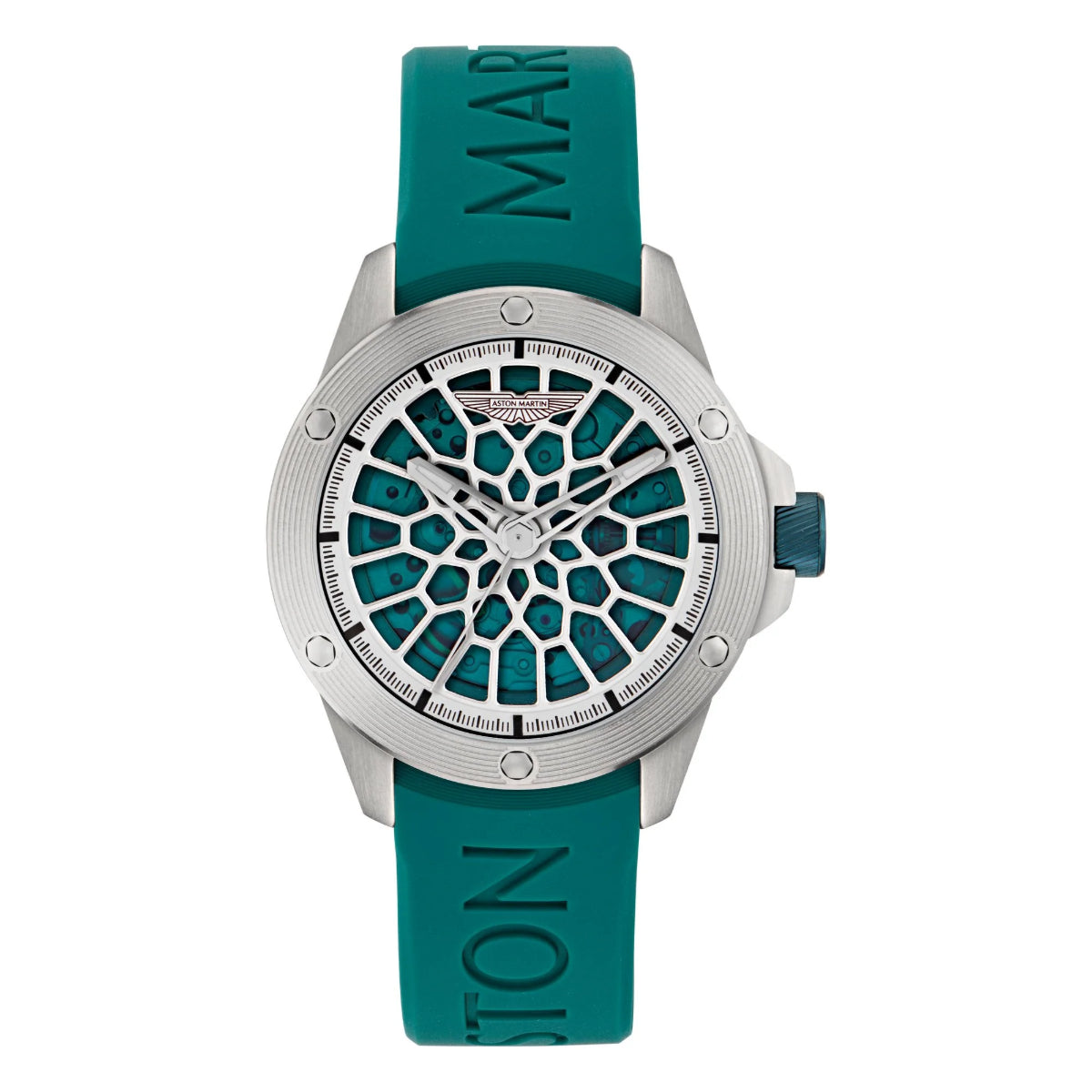 Teal watch with a detailed face on a white background