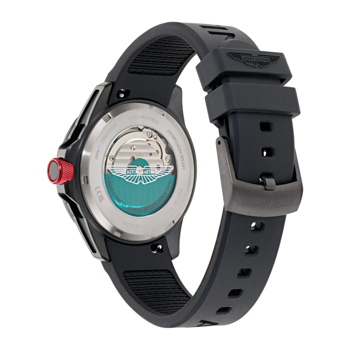 Watch with black strap and visible mechanism on a white background