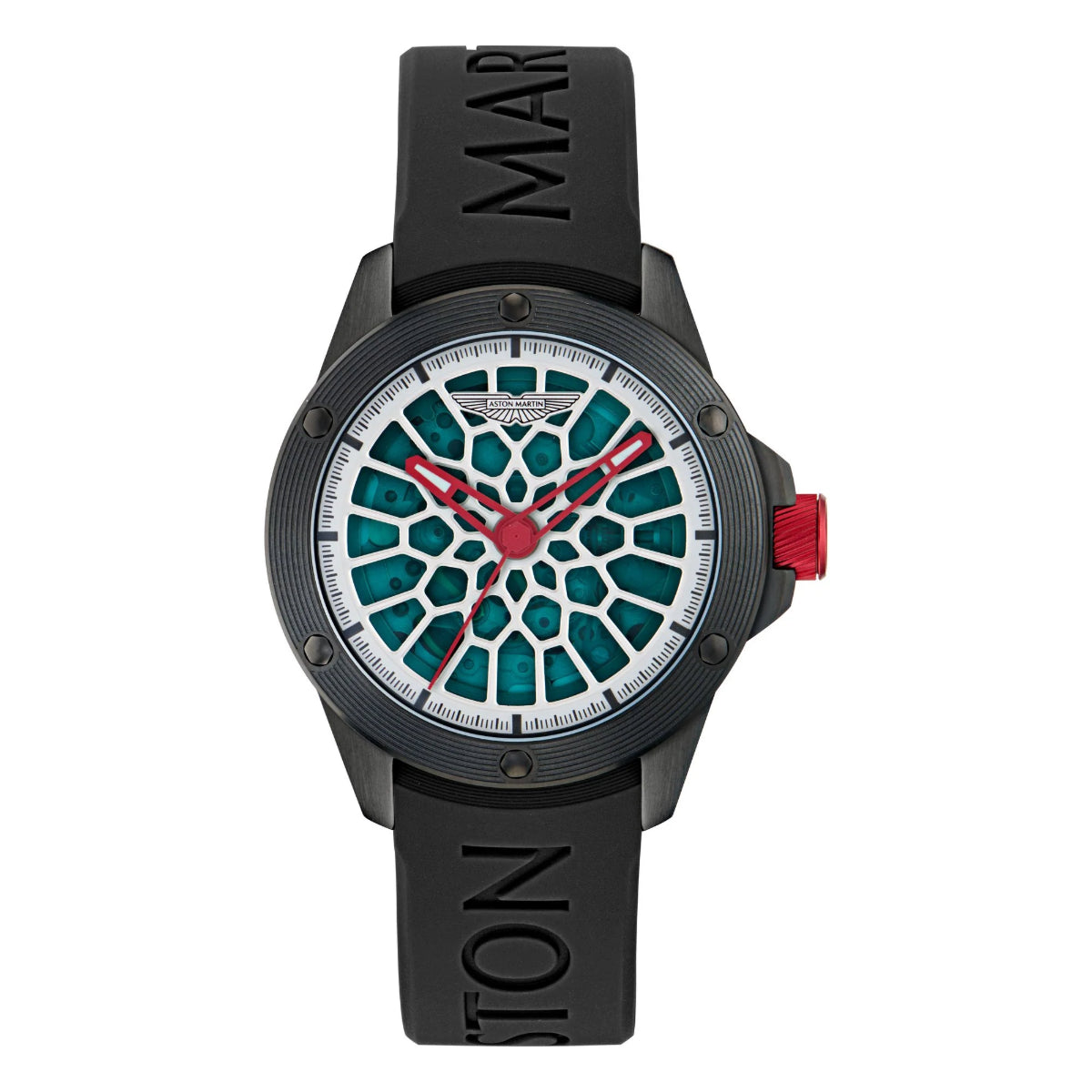 Black watch with a unique face design on a white background