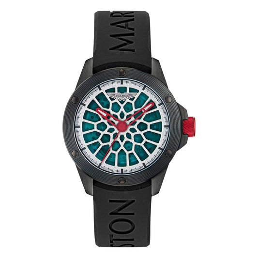 Black watch with a unique face design on a white background