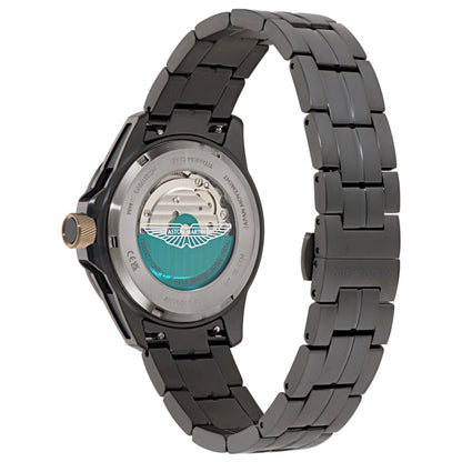 Watch with a metallic band and visible mechanical components on a white background