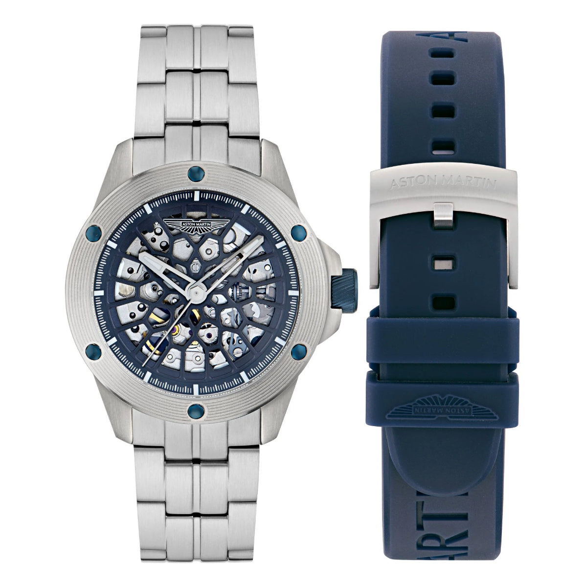Two watches: one silver with a blue face and another blue with a silver band on a white background.
