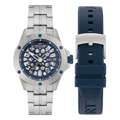 Two watches: one silver with a blue face and another blue with a silver band on a white background.