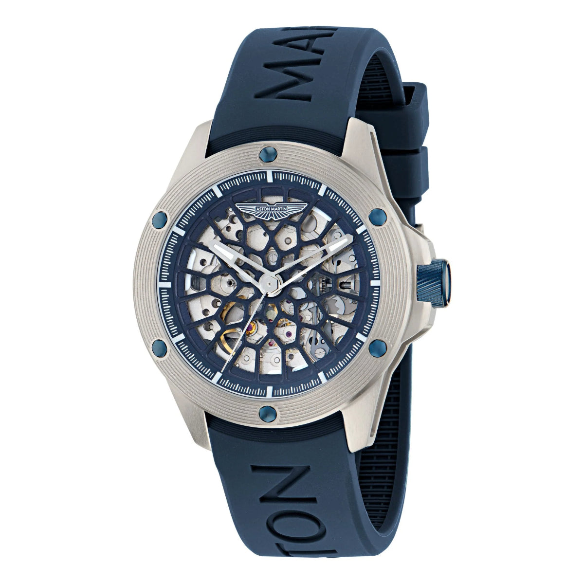 Blue watch with a detailed face on a white background