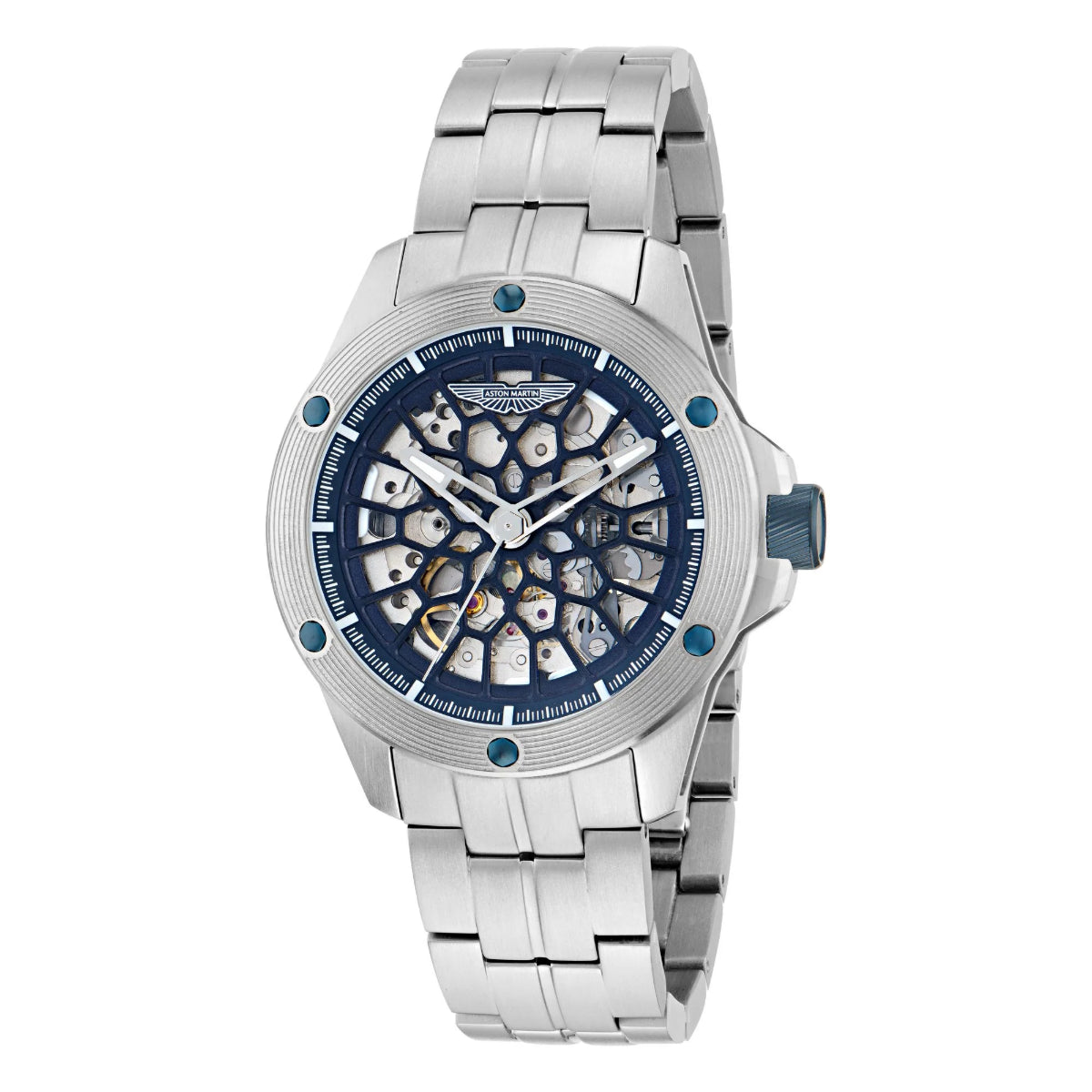 Silver watch with a blue face on a white background