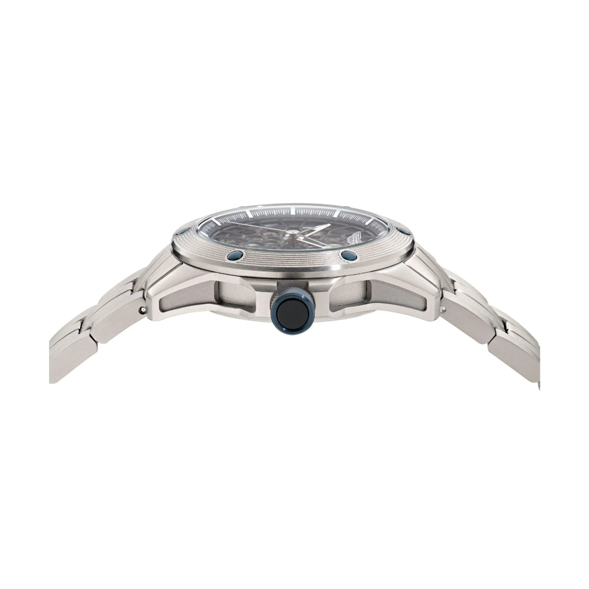 Silver watch with a clear face on a white background