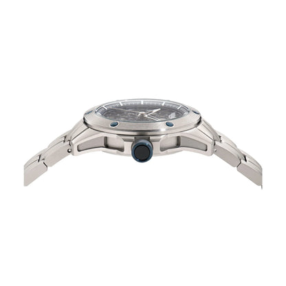 Silver watch with a clear face on a white background