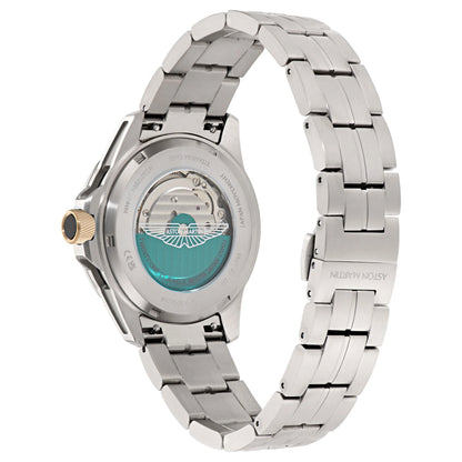 Silver watch with a detailed back cover on a white background