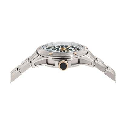 Silver watch with detailed design on a white background