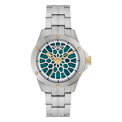 Silver watch with a unique green face on a white background