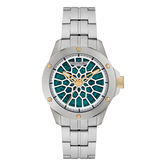 Silver watch with a unique green face on a white background