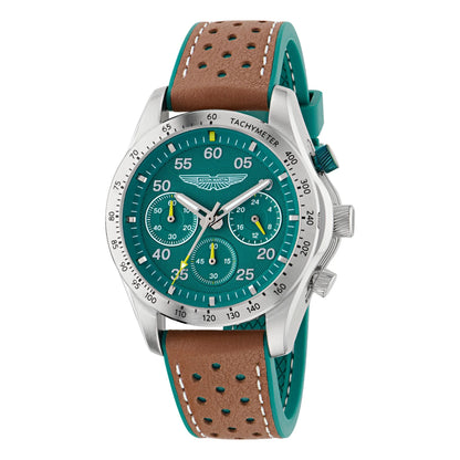 Watch with green dial and brown leather strap on a white background