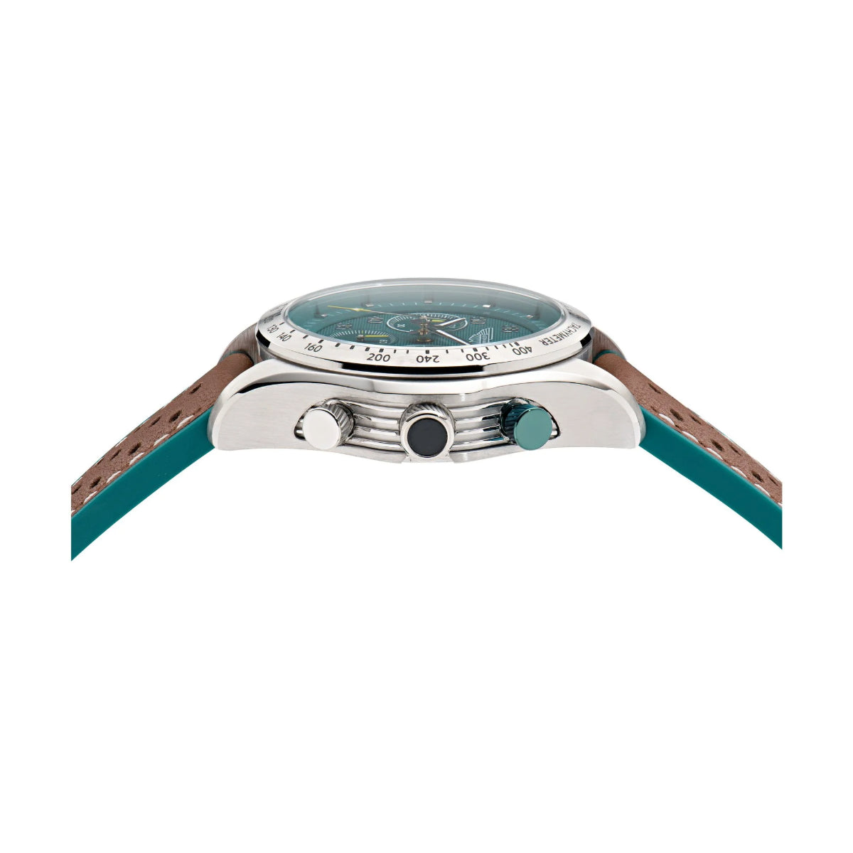 Watch with brown strap and blue face on a white background