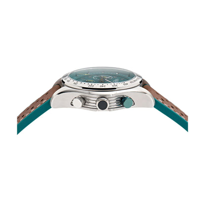 Watch with brown strap and blue face on a white background