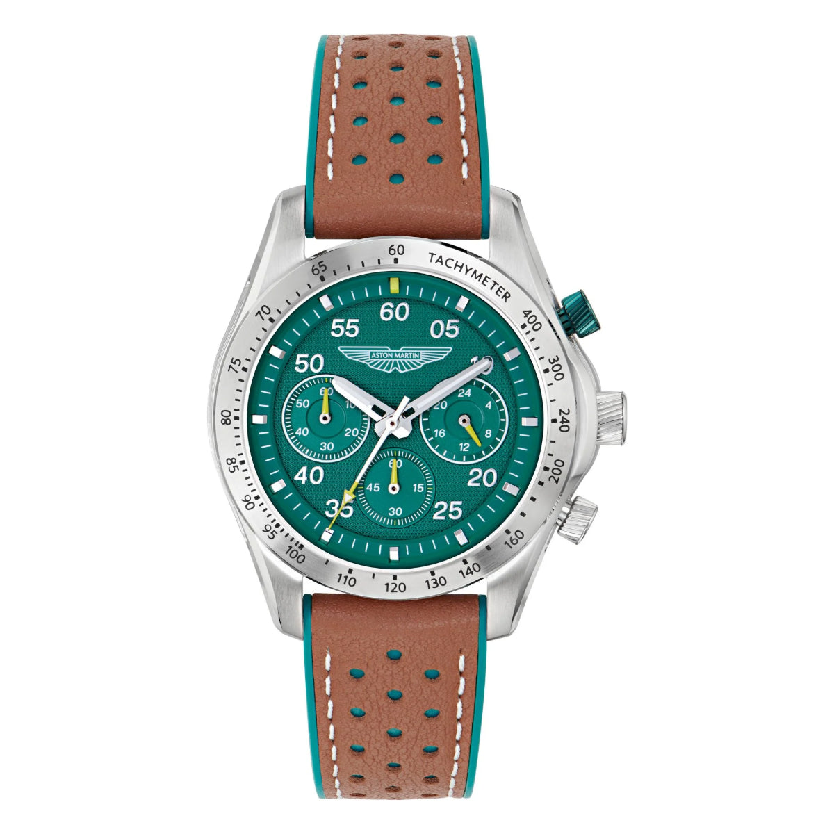 Watch with green dial and brown leather strap on a white background