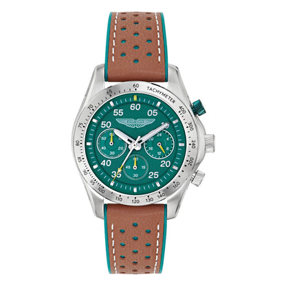 Watch with green dial and brown leather strap on a white background