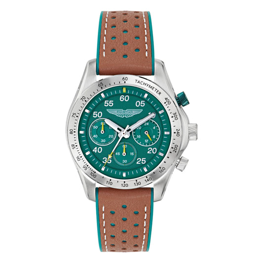 Watch with green dial and brown leather strap on a white background